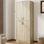 Cozy Castle Kitchen Pantry Cabinet, 71" Tall Wood Storage Cabinet with Doors and Shelves 4 Doors Freestanding Cupboard for Dining Room Living Room Bathroom Furniture, Whitewashed Oak