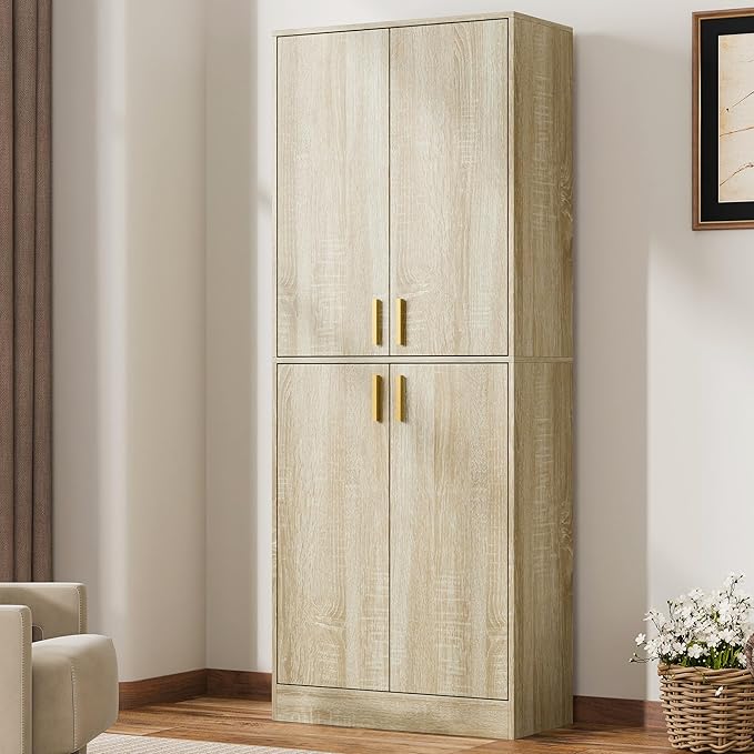 Cozy Castle Kitchen Pantry Cabinet, 71" Tall Wood Storage Cabinet with Doors and Shelves 4 Doors Freestanding Cupboard for Dining Room Living Room Bathroom Furniture, Whitewashed Oak