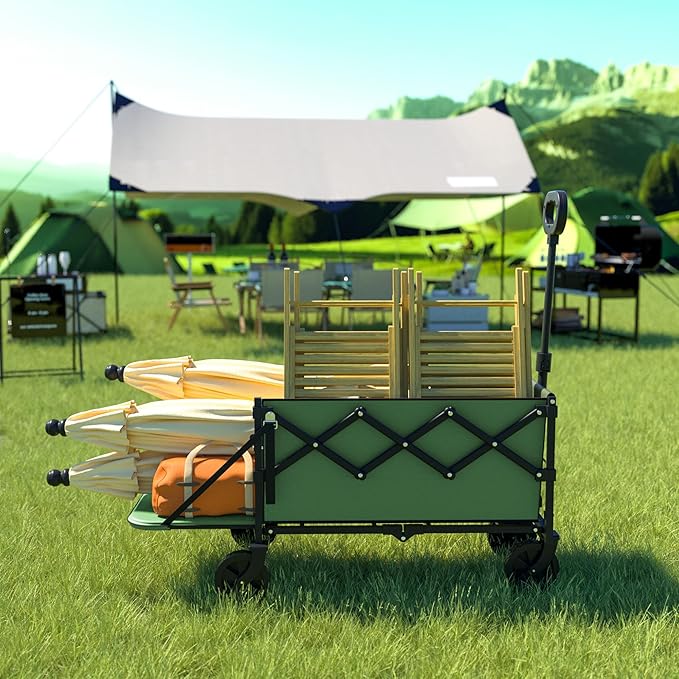 Collapsible Wagon with Wheels & Tailgate, 350LBS Wagons Carts Foldable Heavy Duty, Lightweight Portable Folding Utility Wagon Grocery Shopping Cart for Garden, Camping, Beach (Green)