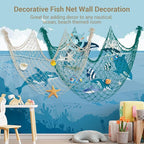 80x40 Inch Decorative Fishing Net w/Shells & Clips, 3mm Thickness Aqua Natural Cotton Large Photo Hanging Fishnet, Wall Party Decorations for Nautical Pirate Hawaii Underwater Mermaid Themed Party