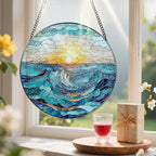 Stained Glass Window Hanging, Pauyadu 8 Inch Beach Stained Glass Suncatcher, Window Decoration Hanging, Sunrise Lover Gift, Natural Gift, Beach Home Decor, Gifts for Family, Friends, Colleagues