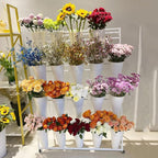 Flower Display Stand, 3 Layers Heavy Duty Moving Plant Cart Shelf With Wheels and Bucket, Wrought Iron Florist Shelf, for Patio Garden, Florist, Outdoor Flower Pop-Up Events (White Iron Frame)