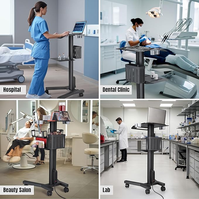 Yescom Mobile Laptop Cart Rolling PC Stand Computer Workstation on Wheels with Handle 220 Lbs Capacity CPU Printer Power Strip Holder for Lap School Office Salon Spa Dental
