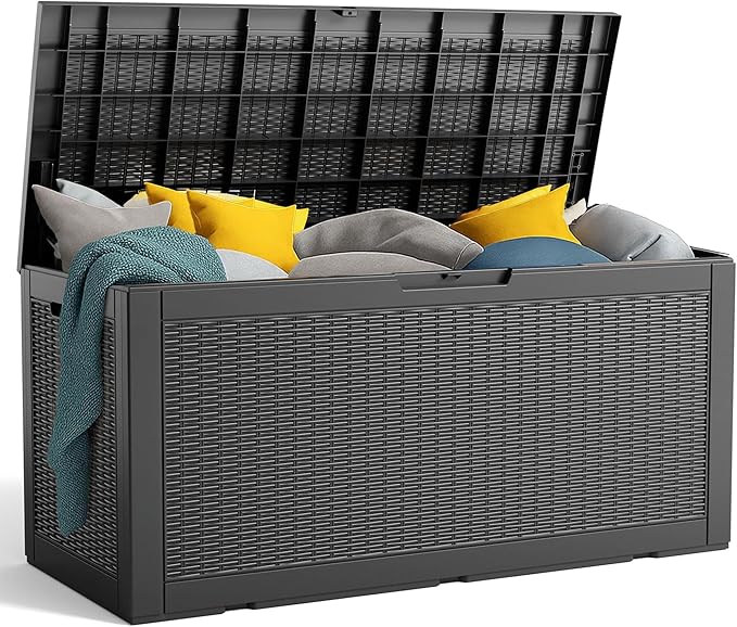 120 Gallon Resin Deck Box, Lockable Patio Outdoor Storage Box for Furniture, Garden Tools and Tools Storage, Waterproof Outside Storage Boxes - Black