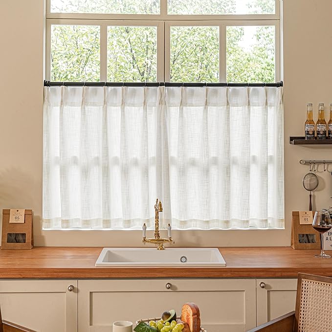 Cream Ivory Linen Pleated Curtains 30 Inch Length Light Filtering Semi Sheer Mini Curtains for Small Window Basement Bathroom Pinch Pleat Boho Farmhouse Short Kitchen Drapes Laundry Room RV 40x30