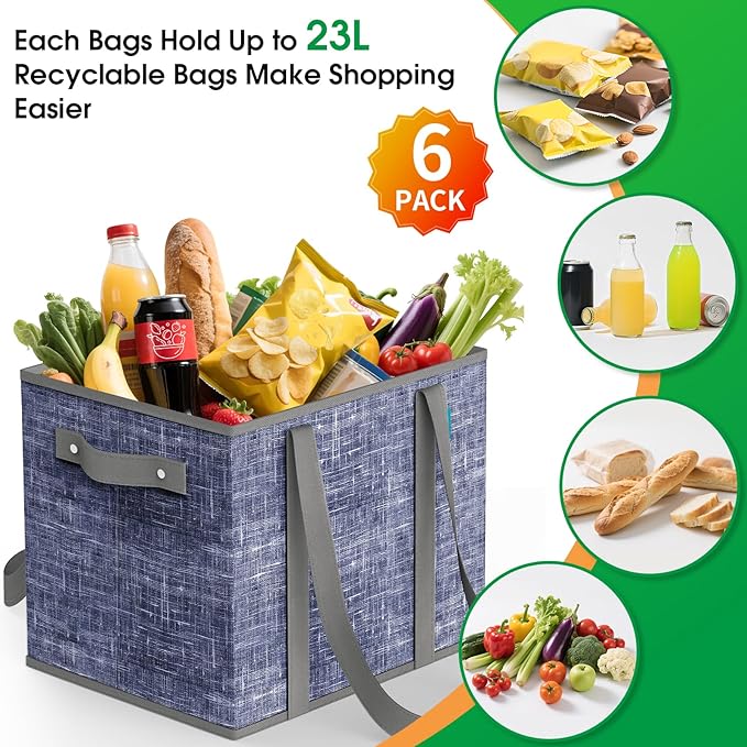 Fab totes Reusable Grocery Bags, Large Foldable Shopping Tote Bags with Reinforced Handles & Hard Bottom, Heavy Duty Water Resistant Shopping Grocery Bags for kitchen,Picnic,6 Pack,Blue