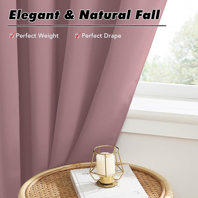 KGORGE 45 inch Curtains for Small Window, Privacy Thermal Insulated Curtains Noise Reducing Window Drapes for Bedroom Dining Room, Back Tab Rod Pocket, W52 x L45 inches, Dusty Rose, 2 Panels