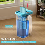 JOYMOOP Mop and Bucket Set with Wringer, with 5 Reusable Microfiber Mop Pads, Mops for Floor Cleaning and Wall Cleaning, Hands-Free Flat Mop for Home Use - Grey+Cyan Blue