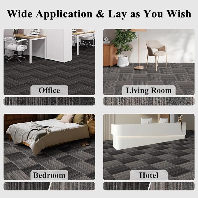 24 Tiles 20 X 20 Inch Carpet Tiles Floor, Carpet Squares for Living Room Bedroom Office, Stripe Dark Grey (64.5 Sq.Ft per Box)