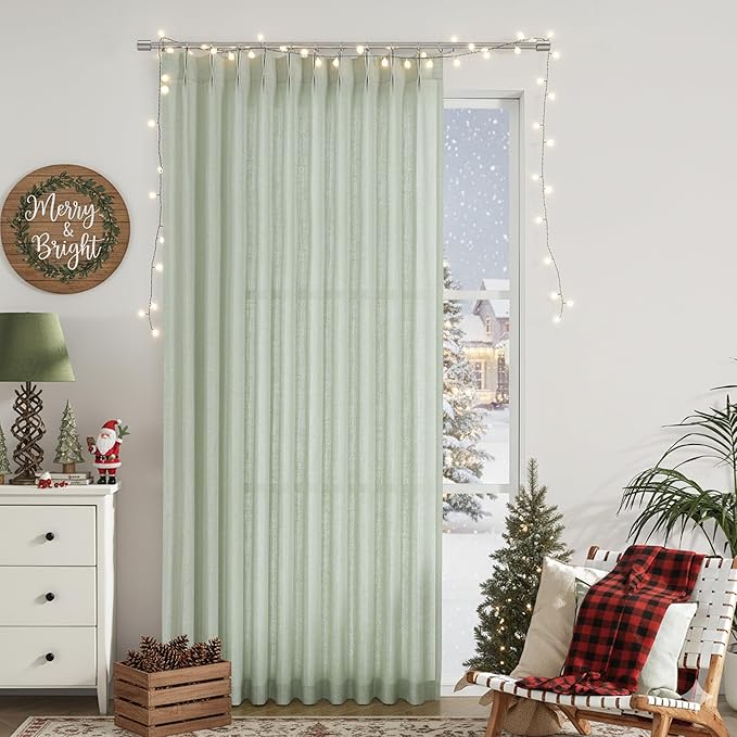 Vision Home Light Green Pinch Pleated Semi Sheer Curtains Textured Linen Blended Light Filtering Window Curtains 108 inch for Living Room Bedroom Patio Pinch Pleat Drapes with Hooks 9FT 60" Wx108 Lx1