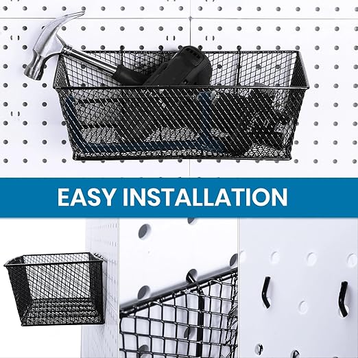 Sieral 4 Pcs Black Pegboard Baskets Metal Wire Shelf Baskets Peg Board Organizer Accessories Wall Mount Organizer Attachments for Garage Workbench Various Tool Accessories, 2 Sizes (Small, Medium)