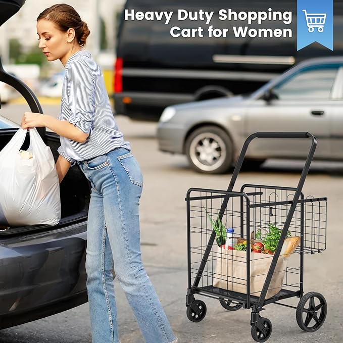 Folding Shopping Cart with Waterproof Bag, Grocery Cart with Encrypted Mesh Bottom, 23 Gal Double Basket & 360° Swivel Wheels, 260 Lbs Heavy Duty Shopping Carts for Groceries, Laundry