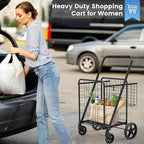 Folding Shopping Cart with Waterproof Bag, Grocery Cart with Encrypted Mesh Bottom, 23 Gal Double Basket & 360° Swivel Wheels, 260 Lbs Heavy Duty Shopping Carts for Groceries, Laundry