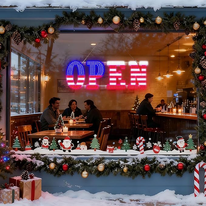 30" x 10" American Flag LED OPEN Sign with Remote Control, Dimmable Brightness, Flash Modes & Speed, Easy Hang Plug-in Storefront Window Sign for Shop, Bar, Salon