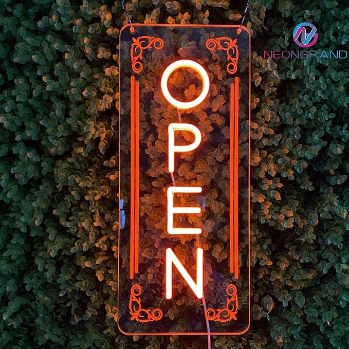 Vertical LED Open Signs for business – Super Bright - UV Printing Pattern, Remote Included - Large Size 12x30'' - Neon Open Sign for Café, Bar, Shop & Business Sign (Orange)