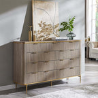 T4TREAM Fluted 9 Drawers Dresser, Modern Wooden Top Chest of Drawers with Curved Profile Design, Dresser TV Stand Drawer Organizers for Bedroom, Living Room, Hallway(Alder Grey)