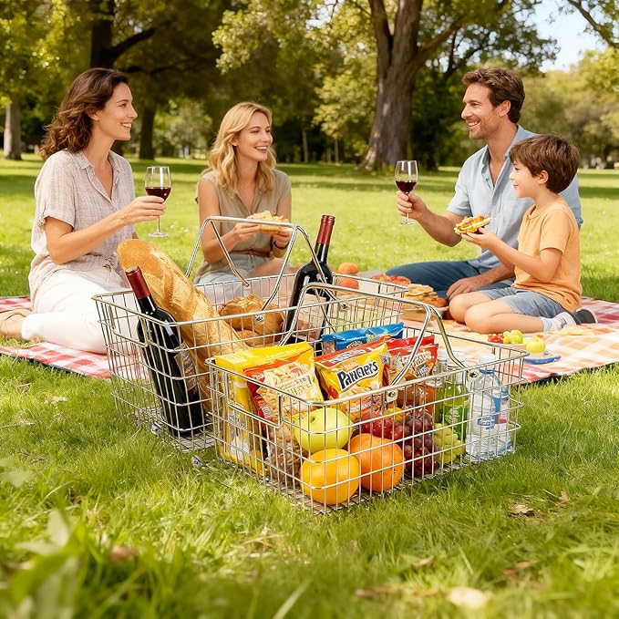 2 Pack Picnic Baskets with Handle, Pantry Organizers and Storage Basket, Stainless Steel Cabinet Organizer, Multi-functional Basket, for Gathering,Closets,Pantry,Garage,Bathroom,Picnic & More (S+L)