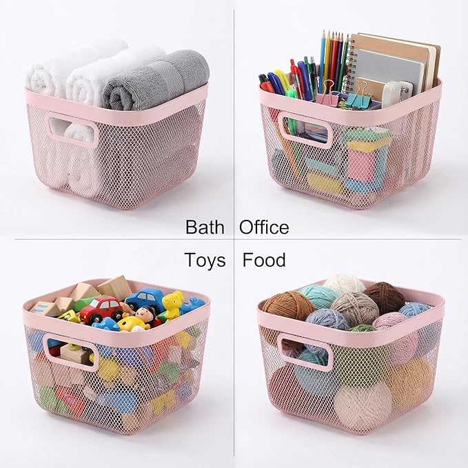 4 Pack Metal Mesh Basket with Hollow Handles Pink Wire Storage Bin for Organizing Stackable Metal Fine Mesh Basket for Pantry Bathroom Kitchen Cabinets Shelves