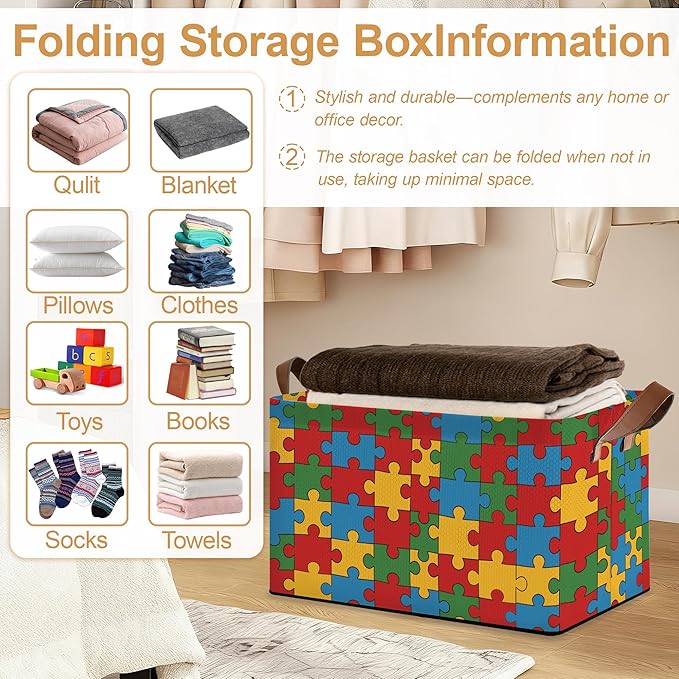 Jigsaw Storage Bins with Handles, Collapsible Storage for Clothes, Gift Basket, Blankets & Closet Organization