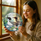 8-Inch Loon Birds Stained Glass Suncatcher Ornament, Stained Glass Window Hanging, Window Hanging Decor – Christmas, Birthday | Gifts for Bird Lover, Friend, Couples, Family | Holiday Decorations