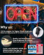 Open Signs for Business,Neon Open Sign Led,16.5"x 9",with Open/Closed Bussiness Hour Sign Set,Light for Bar Coffee Salon Store Window,12V/2A Adapter with ON/OFF Switch (Blue/Red Horizontal)