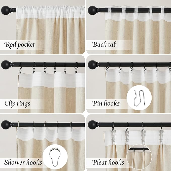 NICETOWN Natural Thick Linen Curtains 96 Inches Long for Living Room 2 Panels Set, Back Tab/Rod Pocket with Pleat Tape Privacy Added Window Treatments for Farmhouse/Bedroom, W55 x L96