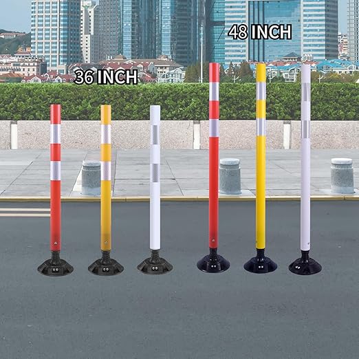 8 Pack Traffic Delineator Posts – High Visibility Reflective Safety Cones with Spring Base for Roadway, Parking, Garage, Construction Zones (White, 36 Inch)
