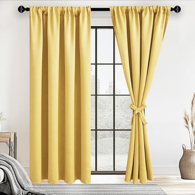 JIUZHEN Blackout Curtains for Bedroom– Thermal Insulated,Noise Reducing Room Darkening Privacy Drapes for Living Room, Set of 2 Panels with Tiebacks, 42 x 72 inch Long, Light Yellow