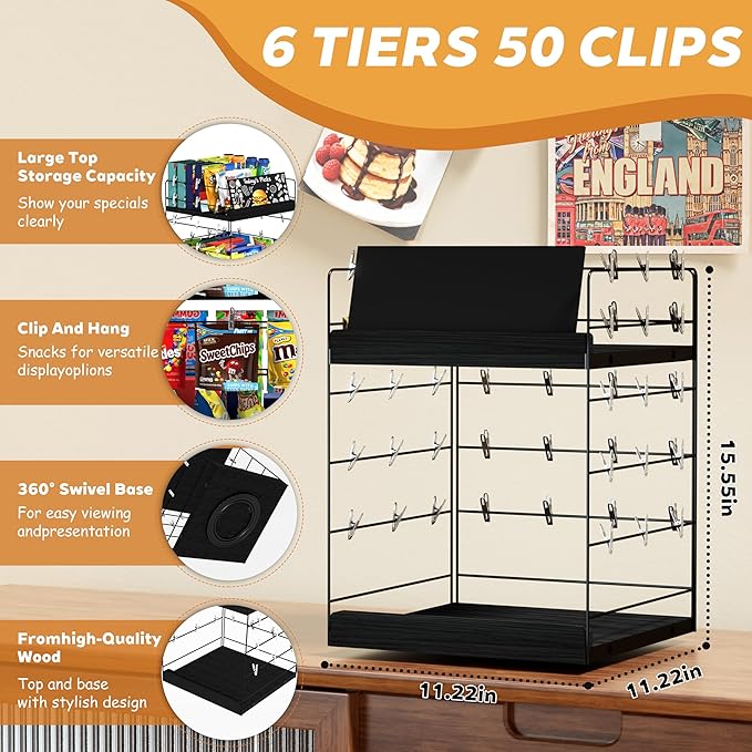 Chip Rack Display Stand, 6 Tiers 50 Clips Snack Organizer, 360° Rotating Wood Base Candy Display Rack, Portable Retail Display Shelf for Countertop, Office, Store, Kitchen, Party