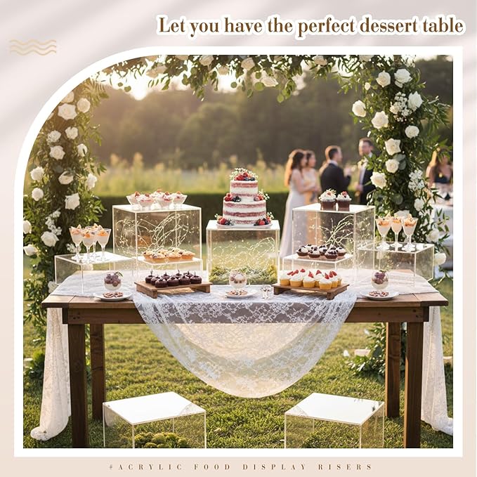 Leinuosen 7 Pcs Extra Large Buffet Risers Set 8" to 14" Acrylic Display Box Square Catering Dessert Table Riser Food Display Decorative Stand with Hollow Bottom for Catering Supplies(Clear)