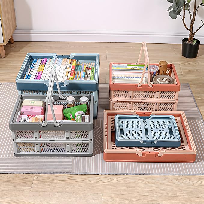 Domiella 2-Pack Foldable Storage Baskets, Collapsible PP Crates with Handles - 20L Capacity, Strong and Portable for Home Organization, Picnic and Shopping, Grey + Pink