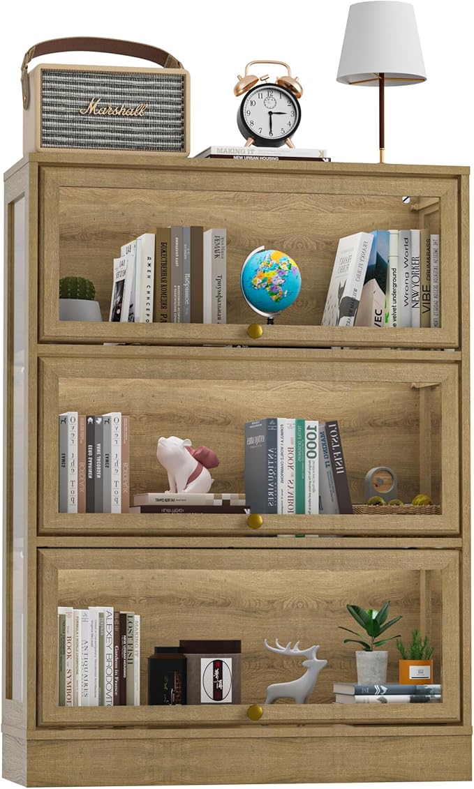 Display Cabinet with Acrylic Glass Doors,3-Tiers Curio Cabinet with LED Lighting for Collectibles, Collectibles Toy Organizers Rack & Display Shelf Display Case Storage Cabinet, Nature