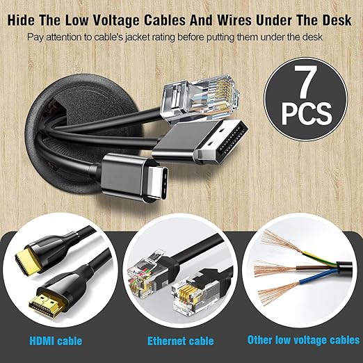 2-3/8" Spring Desk Grommet, JTemgle Plastic Cable Hole Cover with Hole Saw Computer Table Cord Wire Organizer Caps Desktop Cord Management for Home Office TV Stands Tabletops - Black, 7 Pcs