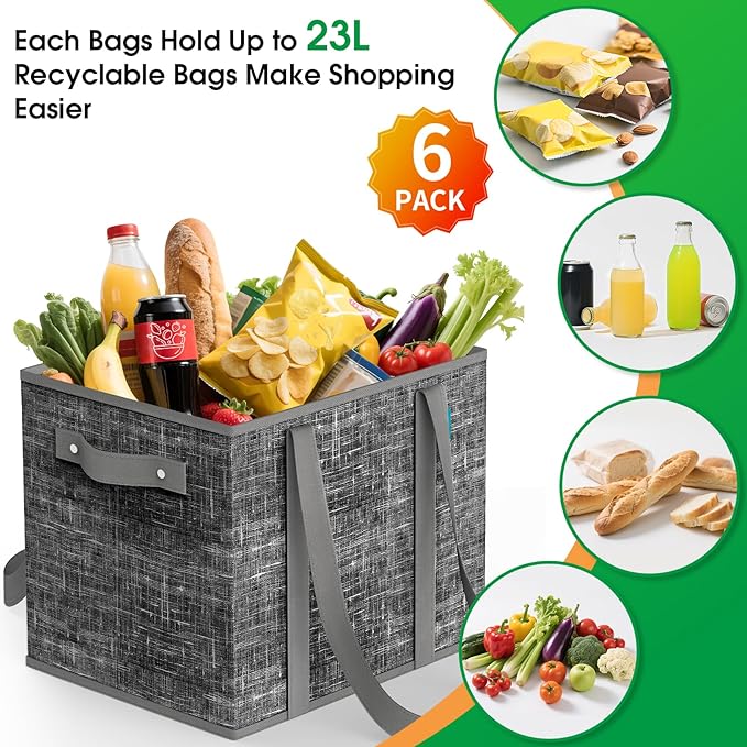 Fab totes Reusable Grocery Bags, Large Foldable Shopping Tote Bags with Reinforced Handles & Hard Bottom,Water Resistant Grocery Bags for kitchen,Picnic,6 Pack, Black