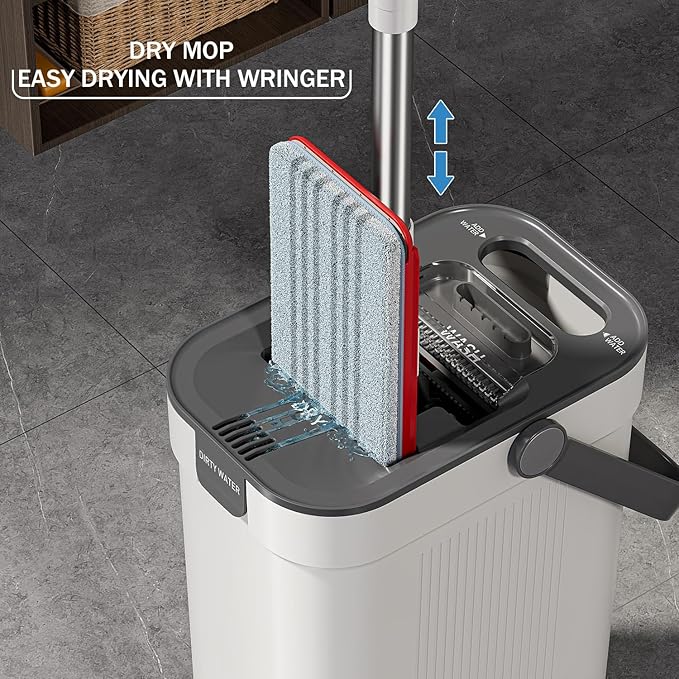 Mop and Bucket Set, Flat Mop and Bucket System with Separate Dirty and Clean Water, 3-Compartment Wall Cleaner Mop, Flat Mops for Floor Cleaning with 6 Microfiber Pads