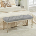 LOULENS 43.9" Linen Fabric End of Bed Bench, Vintage French Upholstered Button Tufted Entry Bench, Window Seat with Carved Wood Legs for Bedroom, Living Room, Entryway, Foyer, Hallway, Light Grey