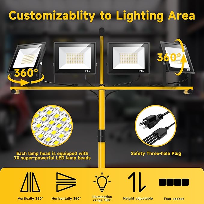 TOPRATED 2 Pack Led Work Light with Stand,28000 Lumen 110V 4 Adjustable Head Outdoor Flood Lights,Foldable Mechanic Light with 16.5Ft Power Cord,Portable Waterproof Tripod with Lamp for Workbench