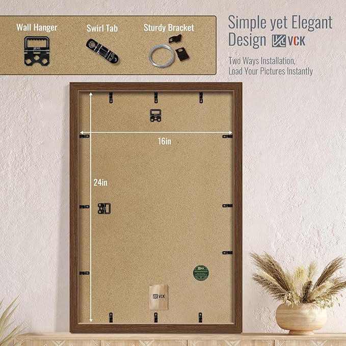 VCK 16x24 Poster Frame 5 Pack - Brown, High-End Wood Picture Frames with Polished Plexiglass, Display 12x18 Photo with Mat or 16x24 without Mat, Art Gallery-Quality, Wall Hanging, Brown