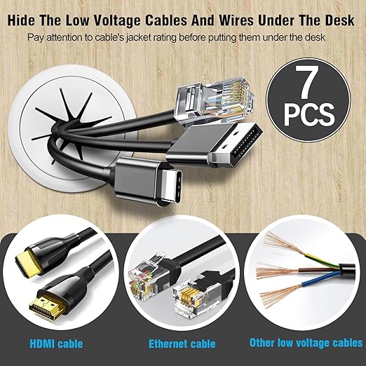 2" White Desk Grommet, JTemgle Flexible Cable Grommet with Bi-Metal Hole Saw Plastic Cable Hole Cover Wire Organizer Caps Desktop Cord Management for Home Office TV Stands Tabletops, 7 Pieces