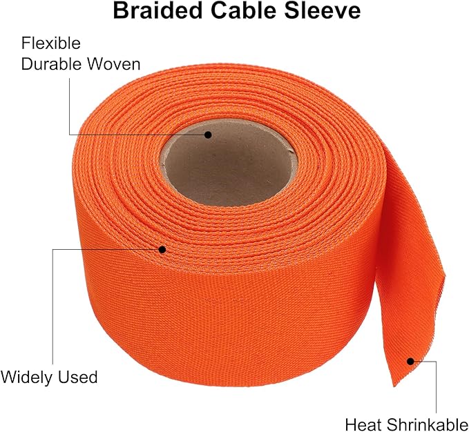 MECCANIXITY Braided Cable Sleeves Heat Shrinkable Fabric Sleeving, 2" 40ft Orange 2:1 Ratio Heat Shrinkable Cord Protector for Harness Cable, Network Cable Protection, Cable Management