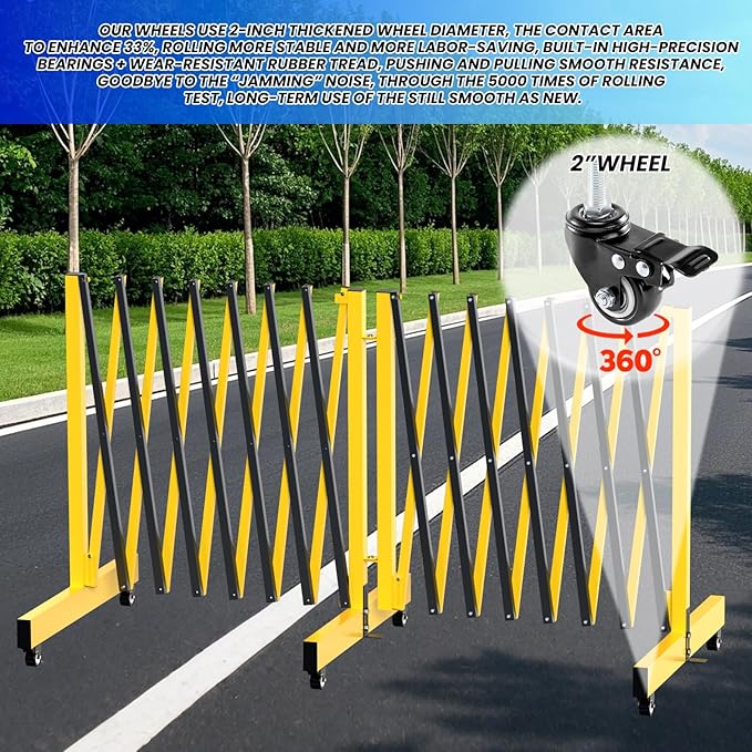 2 Set 16.8FT Industrial Metal Expandable Barricade，Retractable Traffic Fence with Casters, Folding Security Gate, Portable Barricade Gate for Construction Area, Traffic Control, Driveway and Garden
