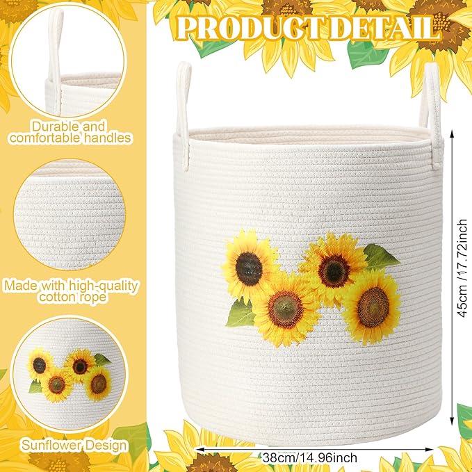 Rustic Sunflower Cotton Rope Basket Large 17.7'' x 14.9'' Clothes Woven Basket Storage for Toy Laundry and Blanket Organizer Round Hamper with Handles for Nursery Organizer Bedroom