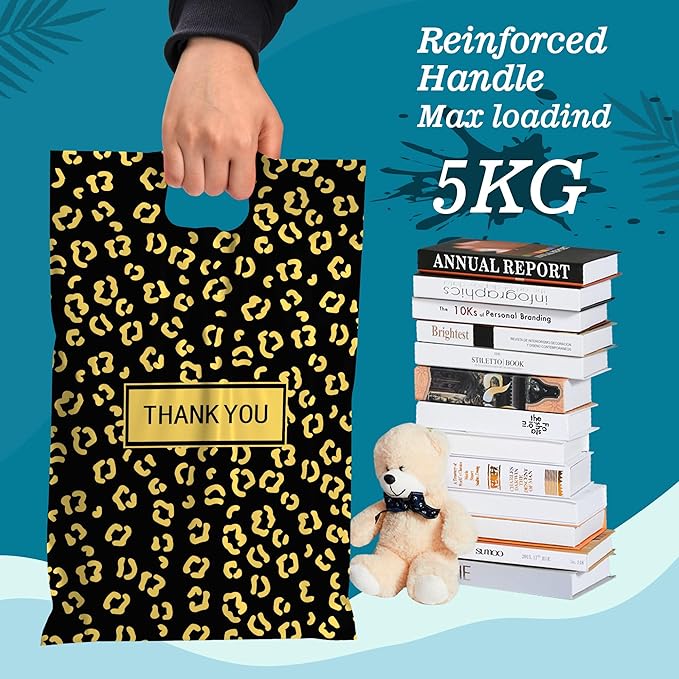 JinRuiKJ Poly Mailers with Handle 10x13 Inch 25 Pcs, Easy to Carry Packaging Bags for Small Business, Thank You Shipping Bags with Self Adhesive Strip, Tearproof and Waterproof - Gold leopard