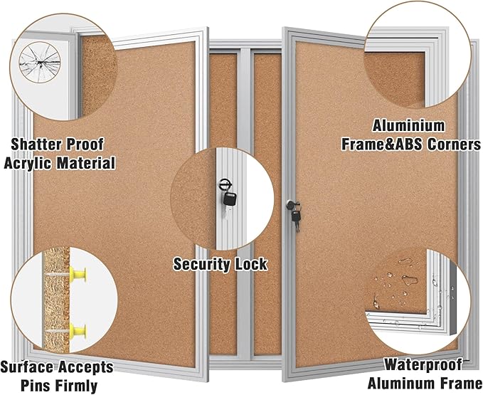 Mifuro 48"x34" Enclosed Bulletin Board, Outdoor Lockable Weather-Resistant Aluminum Cork Noticeboard for School & Office, Silver Frame w/Cork