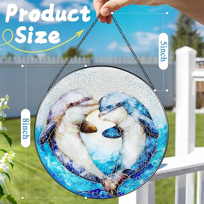 Stained Glass Window Hanging, 8 Inch Dolphin Sun Catcher Decor, Stained Glass Ornament, Suncatchers for Windows Hanging, Window Decor, Dolphin Gifts, Gift for Couples