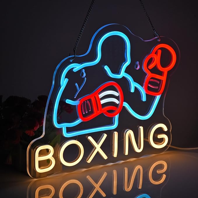 Boxing Neon Sign, Neon Lights Hanging Wall Art Decoration for Fitness Club Gym Sports Room Workout Game Room Man Cave Boys Gifts, USB Powered Ultra Bright Dimmable, 16.1 * 12.2 inches