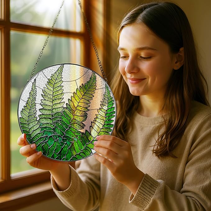 8-Inch Stained Glass Ornament, Stained Glass Window Hanging, Window Hanging Decor Suncatcher, Fern Plant Ornament | Christmas, Mother's Day, Birthday | Gifts for Mom, Grandma Gifts, Plant Lover Gift