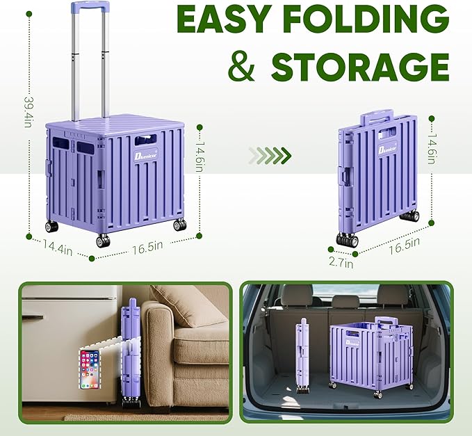 Folding Utility Cart with Lid, Portable Rolling Crate Handcart Collapsible Shopping Trolley, Durable Plastic Foldable Tool Basket with 4 Rotate Wheels for Grocery, Office, Luggage, School - Purple