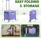 Folding Utility Cart with Lid, Portable Rolling Crate Handcart Collapsible Shopping Trolley, Durable Plastic Foldable Tool Basket with 4 Rotate Wheels for Grocery, Office, Luggage, School - Purple