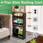 MARTY Rolling Storage Cart 4-Tier Black Kitchen Cart with Wheels, Slim Storage Cart with Handle Slide Out Utility Cart Shelving Unit Organizer Trolley for Laundry Narrow Places Bathroom Small Corner